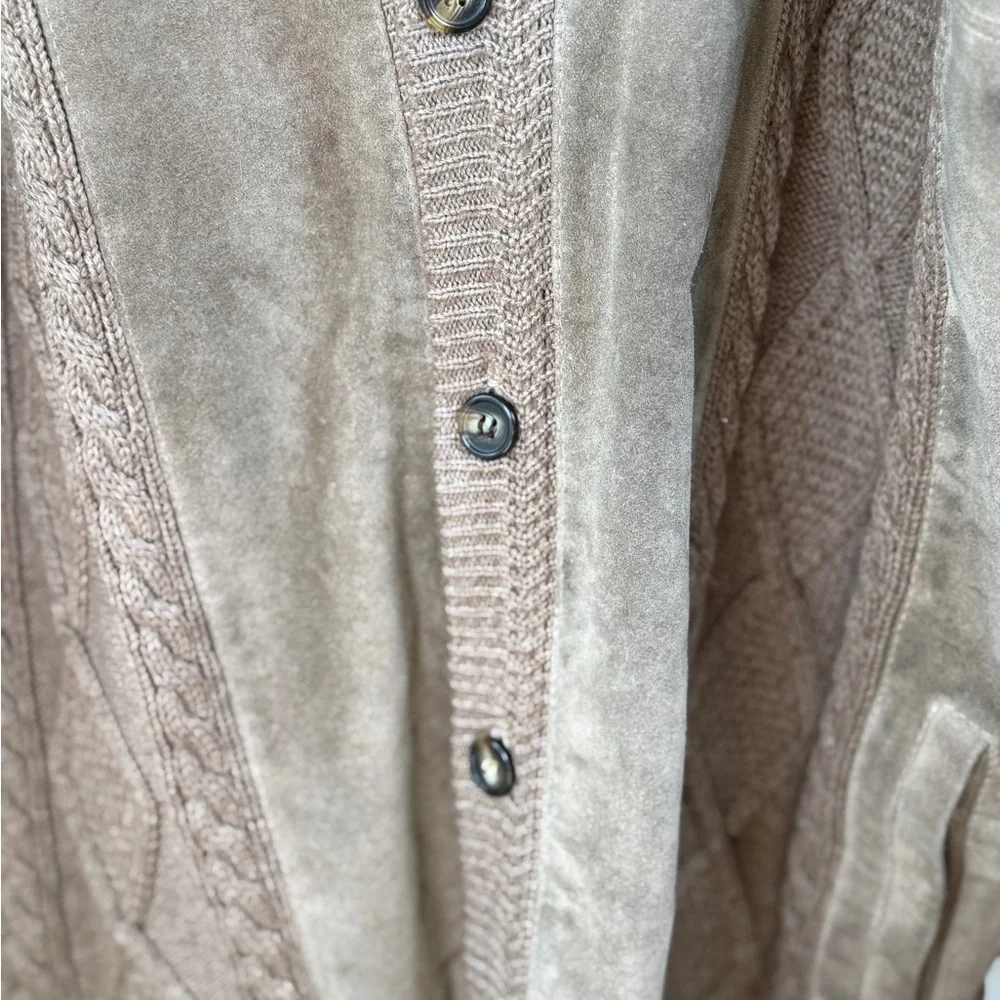 Norm Thompson Tan Suede Trim Wool Cable Knit Grandpa Cardigan Vintage Size L